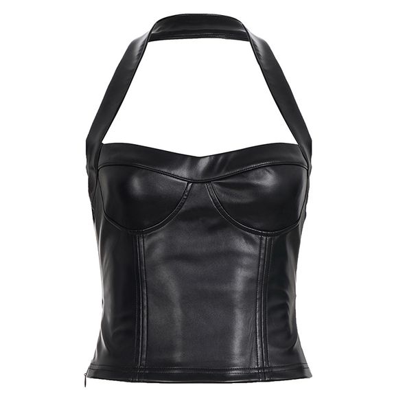 Aria Basics Aria Basics European And American Sexy Hot Girl Street Style Leather Vest Solid Color Trendy Low-Cut Inner Wear Halter Neck_ecoleips.com