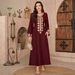 Muslim Dress Women "Luxury Gold-Embroidered Kaftan Dress – Elegant Middle Eastern Jalabiya With Belt (Burgundy/Brown, S-4XL)"_ecoleips.com