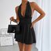 European And American Women's Fashion Hot Sale V-neck Tight Pleated Mini Sexy Backless Ruched Tie Dress_ecoleips.com