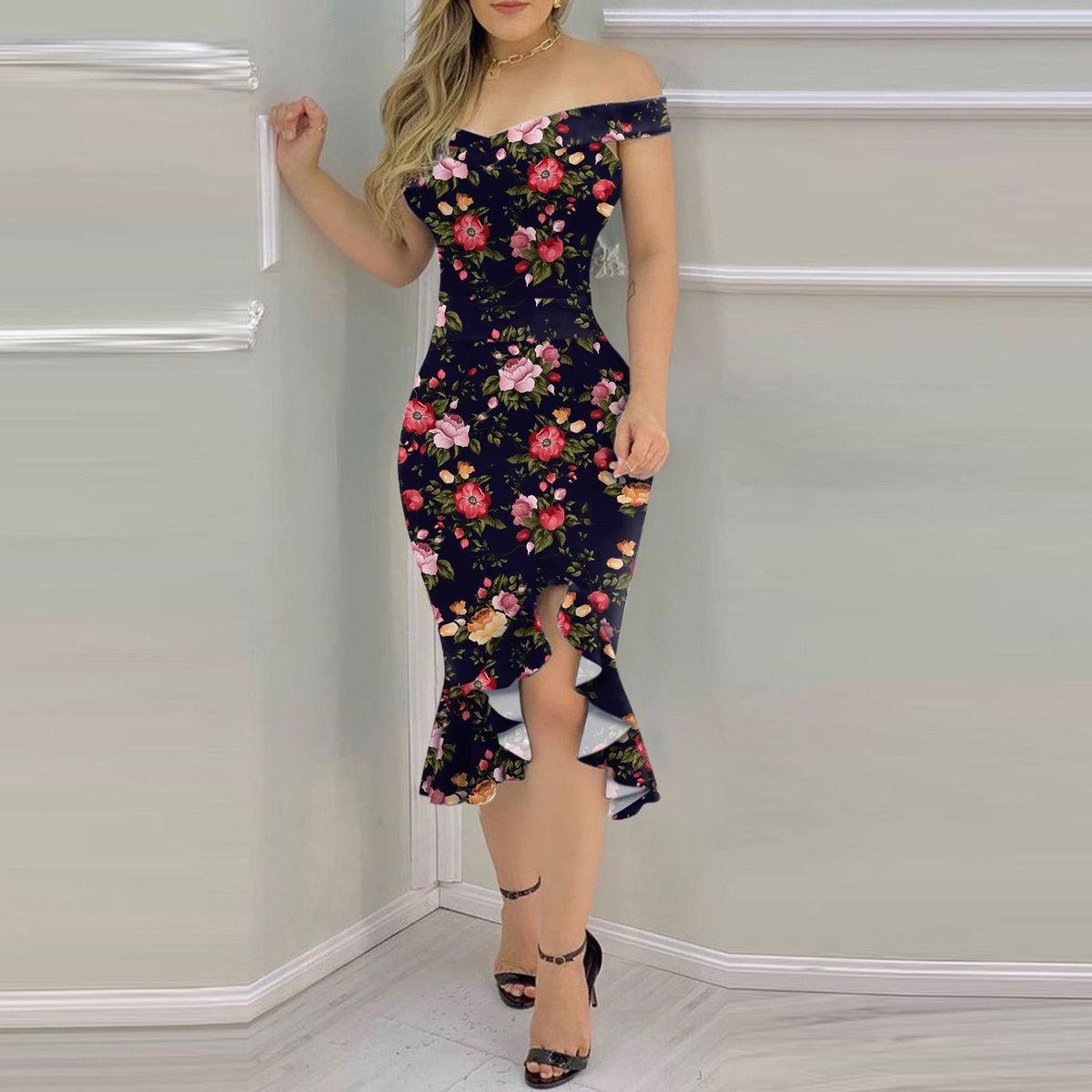Women's Off Shoulder Floral Print Bodycon Asymmetrical Mermaid Hem Midi Dress – Elegant Party Gown_ecoleips.com