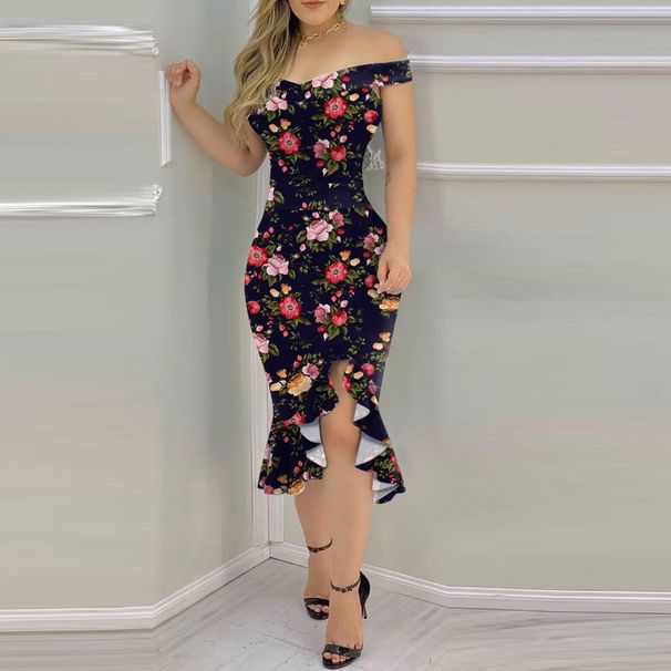 Women's Off Shoulder Floral Print Bodycon Asymmetrical Mermaid Hem Midi Dress – Elegant Party Gown_ecoleips.com