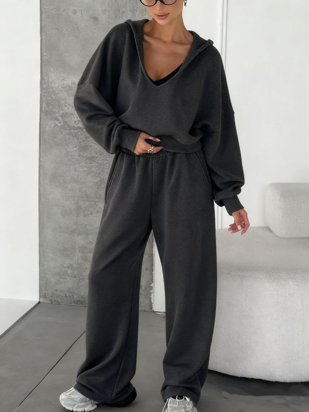 Women's plus Size Two Piece Set European American Style Autumn Winter Loose Fit Slimming Hooded Sweatshirt Sportswear Solid Color Long Sleeve_ecoleips.com