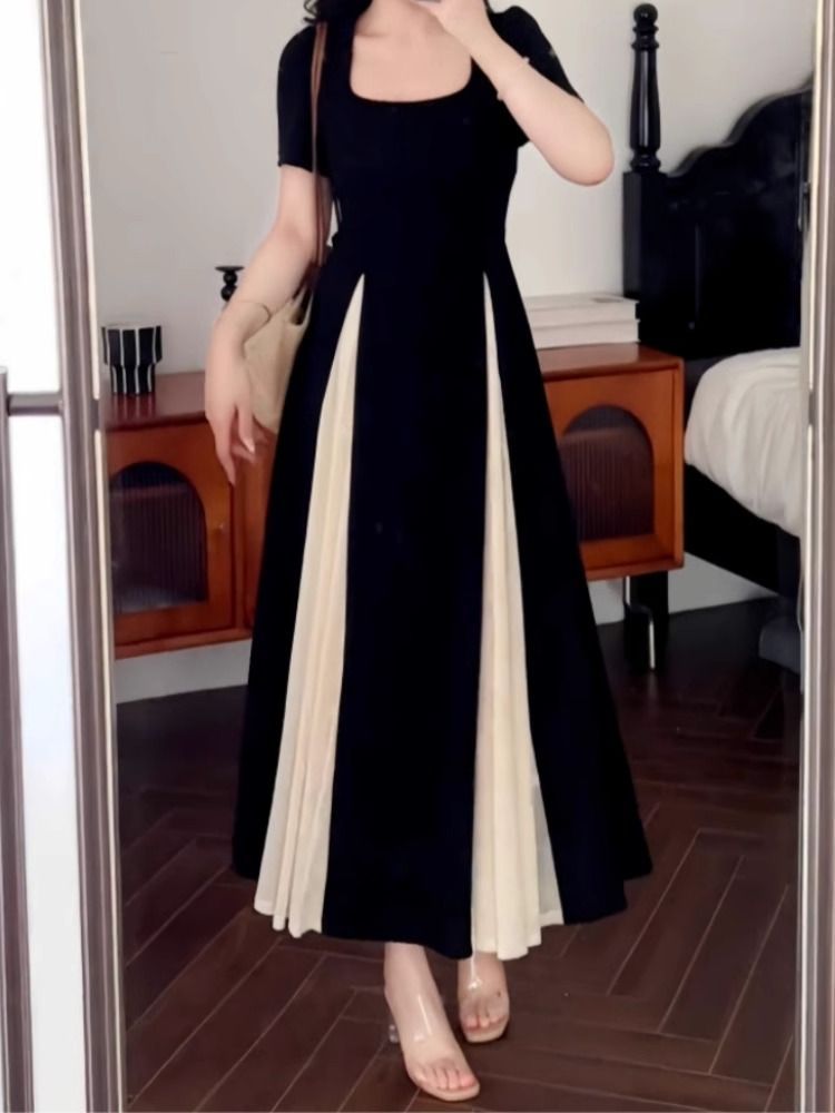 Elegant Mesh Splice Summer Dress Women's A-Line Skirt Slimming Black Dress Commute Korean Style Short Sleeve Long Dress_ecoleips.com