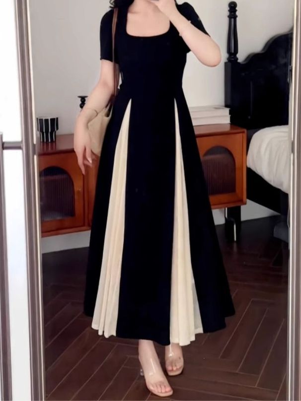 Elegant Mesh Splice Summer Dress Women's A-Line Skirt Slimming Black Dress Commute Korean Style Short Sleeve Long Dress_ecoleips.com