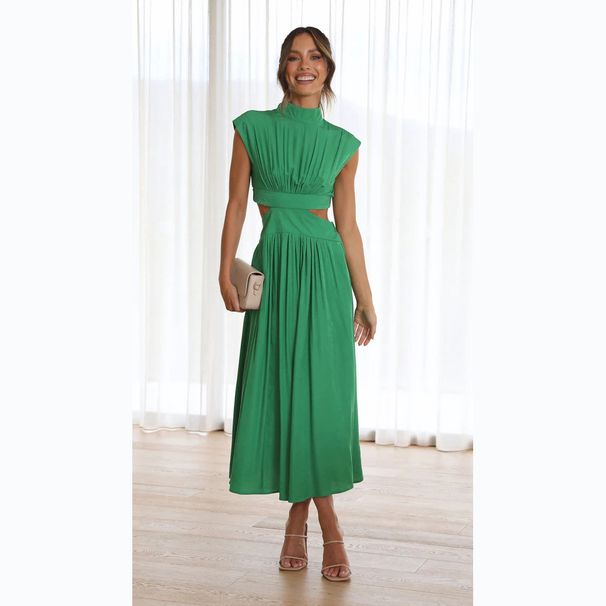 Summer Stand Collar Long Dress For Women American Sweet Fashion Street Style Solid Color Waist Revealing New Style_ecoleips.com