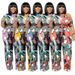 Plus Size Off-Shoulder Floral Print Jumpsuit With Belt, Wide Leg Knit Romper, Five-Sevenths Sleeve Comfortable One-Piece Outfit For Women_ecoleips.com