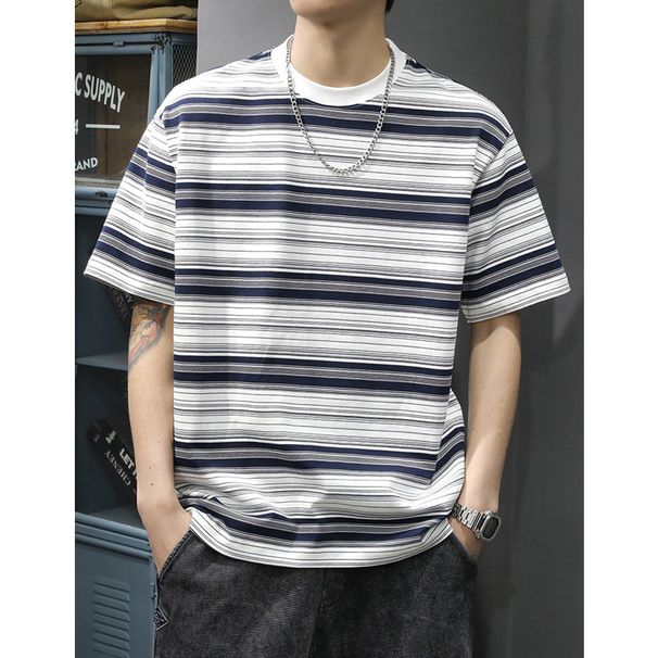 Heavyweight Digital Print Men's Summer Thin Striped Short-Sleeved T-Shirt American Style Slimming Women's Fashion Top_ecoleips.com