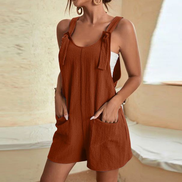 Women's Casual Summer Short Rompers Loose Overall Solid Sleeveless Lace Up Wide Leg Pant Tie Knot Strap Jumpsuits With Pockets_ecoleips.com