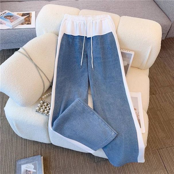 Women's Clothing Plus Size Patchwork Denim Jacket And Wide Leg Pants Set For Women Trendy Spring Outfit Casual Comfortable Two-Piece Set_ecoleips.com