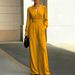 Women's Slim Fit V Neck Jumpsuit Solid Color Wide Leg Fall Winter Irregular Waist Jumpsuits And Rompers_ecoleips.com