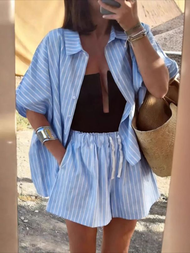 K Striped Shirt With Pockets And Shorts Loose Casual Set For Women_ecoleips.com