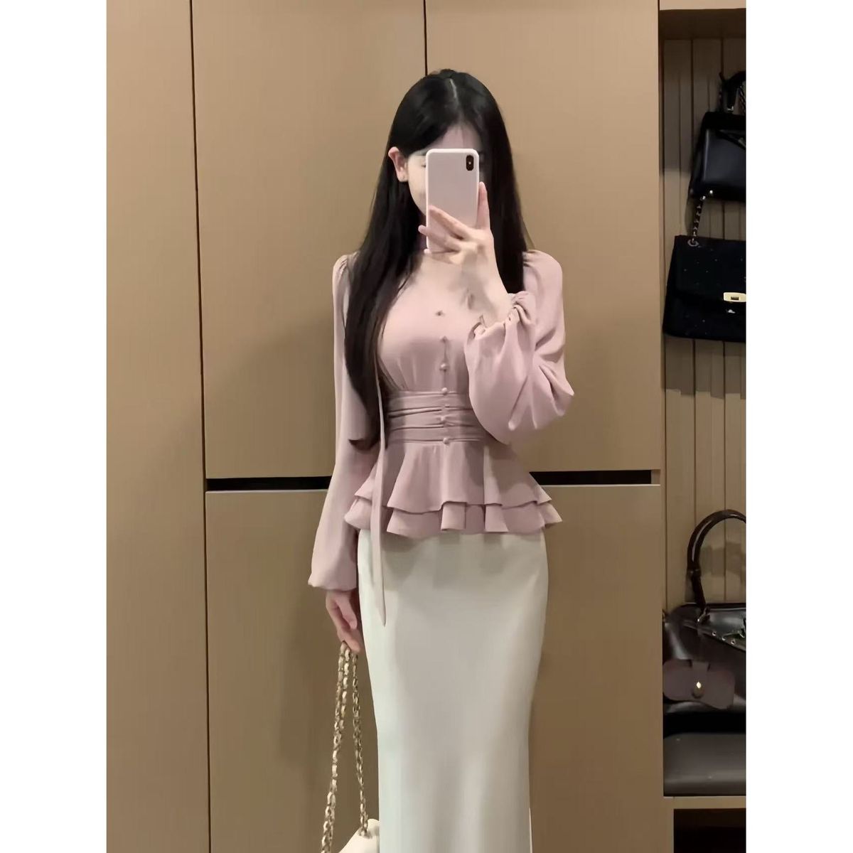 Spring Autumn French-style Elegant V-neck Long-sleeve Waist-cinching Shirt With Beautiful Ribbons, Designed To Conceal_ecoleips.com