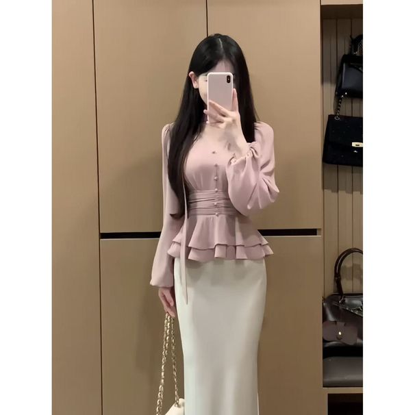 Spring Autumn French-style Elegant V-neck Long-sleeve Waist-cinching Shirt With Beautiful Ribbons, Designed To Conceal_ecoleips.com