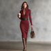 Elegant High-Neck Bodycon Dress With Belt – Knee-Length Office & Evening Dress (Black/Gray/Wine/Beige, S/M/L/XL/XXL/XXXL)_ecoleips.com