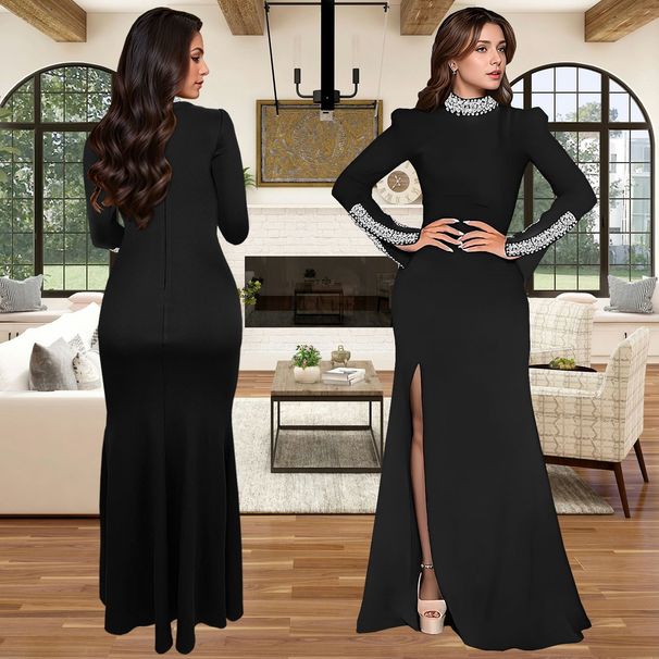 Women Spring Autumn Lace Trim Long Sleeve Mermaid Dress Slim Fitting Hip Wrapped Floor Length Long Dress For Ladies_ecoleips.com