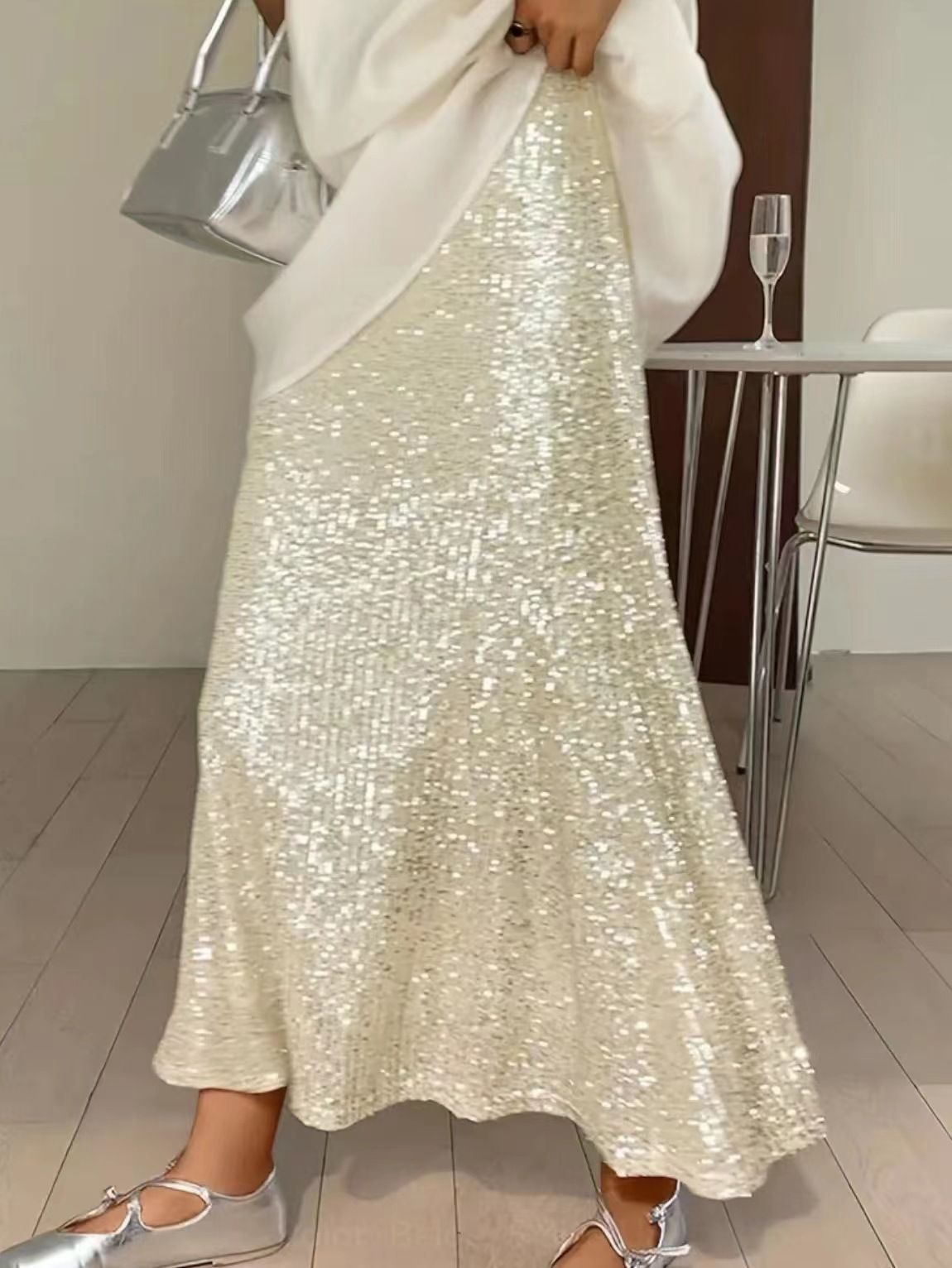 Women's Clothing New Fashion Sequin Elastic High Waist Lining Elastic Drape Skirt Long Skirt For Women_ecoleips.com