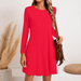 2023 Autumn Independent Station Women's Casual Round Neck Solid Color Long Sleeve Pocket Loose Pullover Dress_ecoleips.com