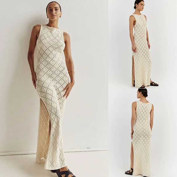 Women's Clothing Sexy Hook Flower Hollow Knitted Split Dress Long Dress Women's Bikini Swimsuit Outer Wear Holiday Beach Cover Up_ecoleips.com