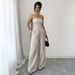 Women's Elegant Strapless Asymmetrical Lounge Set Soft Peach Beige Wrinkle-Free Polyester Chic Minimalist Outfit S to XL_ecoleips.com