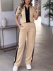 Women's Casual Spring/Summer Suit Collared Color Blocked Top with Elastic Waist Loose Fit Trousers Short Sleeve T-Shirt_ecoleips.com
