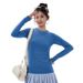 Women's Tencel Merino Wool Base Layer Long Sleeve Round Neck Warm Thumb Buckle Yoga Suit Inner Thin Top_ecoleips.com