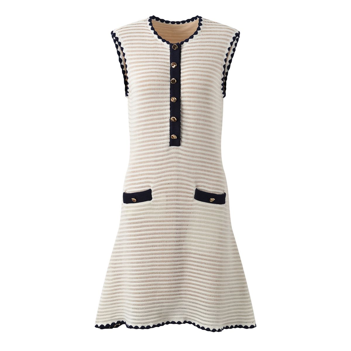 Women's Clothing Color Handmade Hook Edge Skirt Summer Round Neck Sleeveless White Knitted Dress_ecoleips.com