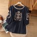 Bohemian Embroidered Linen Top – Loose-Fit 3/4 Sleeve Round Neck Blouse (Navy/White/Yellow/Grey/Beige, Plus Sizes)_ecoleips.com