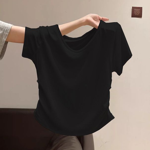2026 Summer Short-Sleeve Top: Modal V-Neck Double-Side Pleated Waist-Cinching Slimming High-End T-Shirt For Women_ecoleips.com