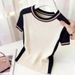 Women's Fashionable Round Neck Color Blocked Short Sleeve Knit T-Shirt Slimming And Flattering Youthful New Summer Style_ecoleips.com