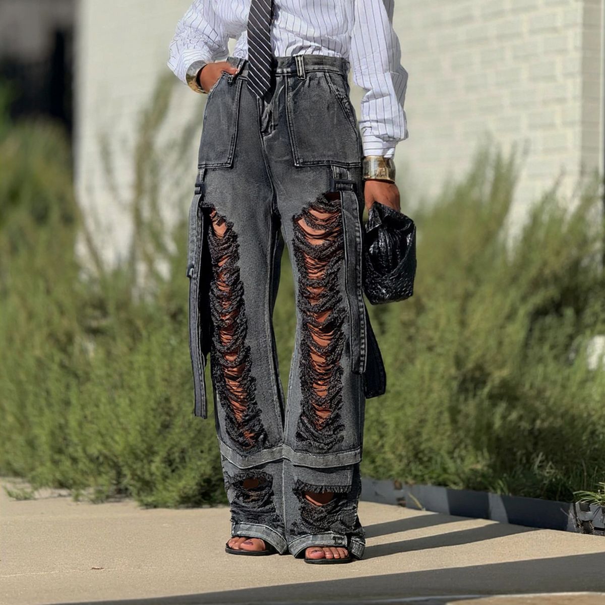 Women's Hiphop Street Ripped Ribbon Cargo Jeans Casual Cotton Denim Spring/Autumn Summer Regular Fit Solid Color_ecoleips.com