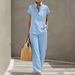 Women's Casual Short Sleeve Cardigan And Trousers Set Solid Color Lazy Style Clothing_ecoleips.com