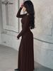 Hugcitar Autumn Elegant V Neck Long Sleeve Shoulder Pads Ruched Sexy Pleated Maxi Dress Women Evening Party Birthday Clothes_ecoleips.com