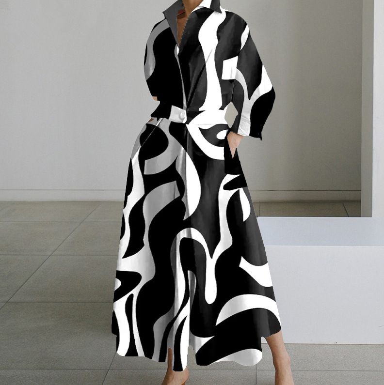 Women's Clothing Women's Wear Simple Long Sleeved Printed Fashionable Shirt Dress_ecoleips.com