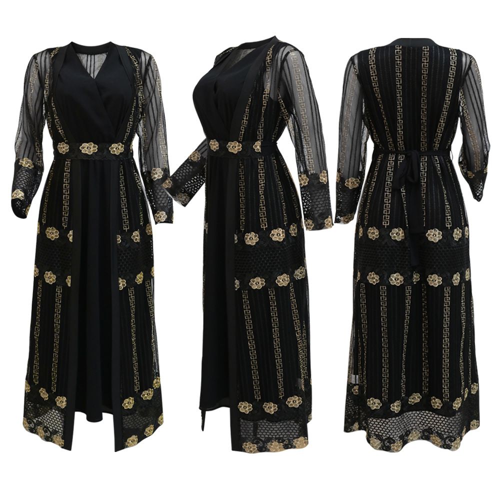 New Muslim Embroidered Mesh Jacket With Chiffon Vest Skirt Suit Kaftan Dress_ecoleips.com