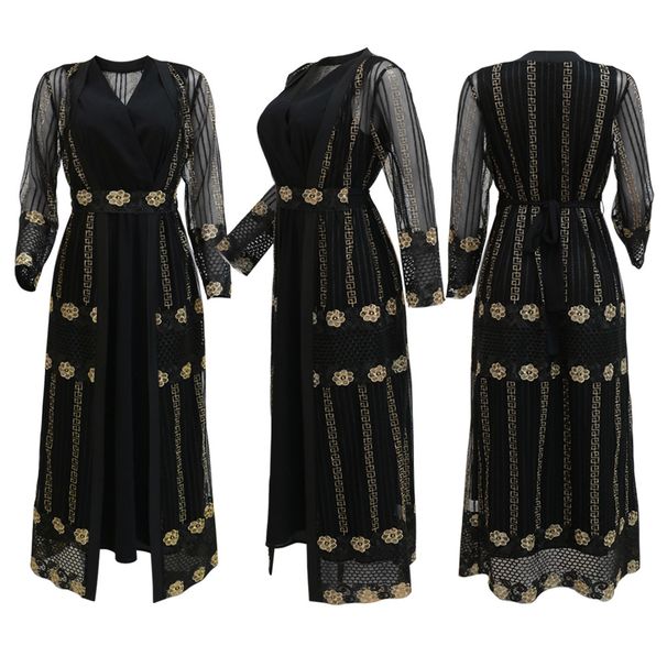 New Muslim Embroidered Mesh Jacket With Chiffon Vest Skirt Suit Kaftan Dress_ecoleips.com