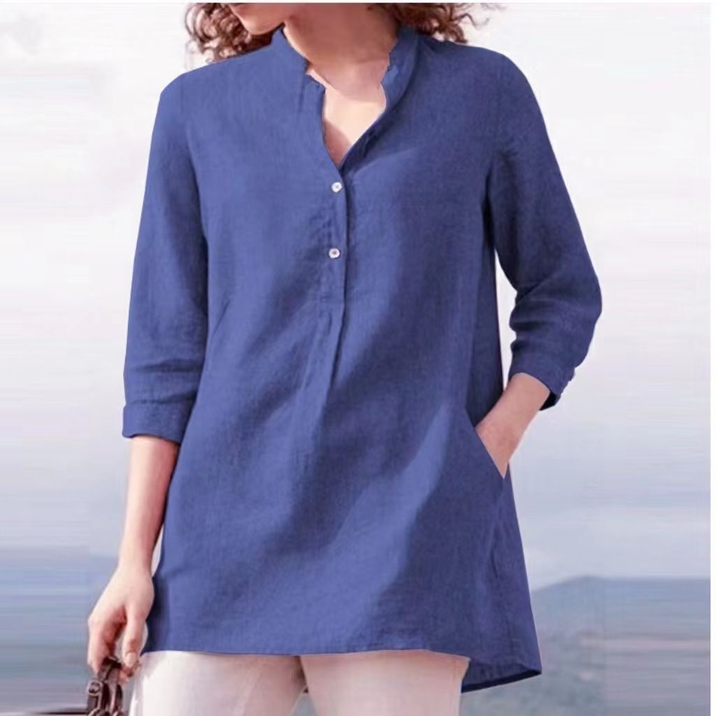 Verve 2025 Autumn New Women's Solid Color Three-Quarter Sleeve Stand Collar Cotton Linen Casual Pullover Shirt_ecoleips.com