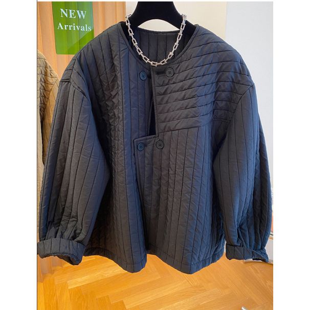 girl 2023 Korean Style Round Neck Quilted Winter Loose Casual Irregular Placket Warm Padded Cotton Jacket Women's Top Trendy_ecoleips.com