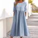 Summer Cotton Linen Blend Casual Dress Women's round Neck Short Sleeve Pocket Detail Pleated Loose Fit Independent Station Design 2025_ecoleips.com