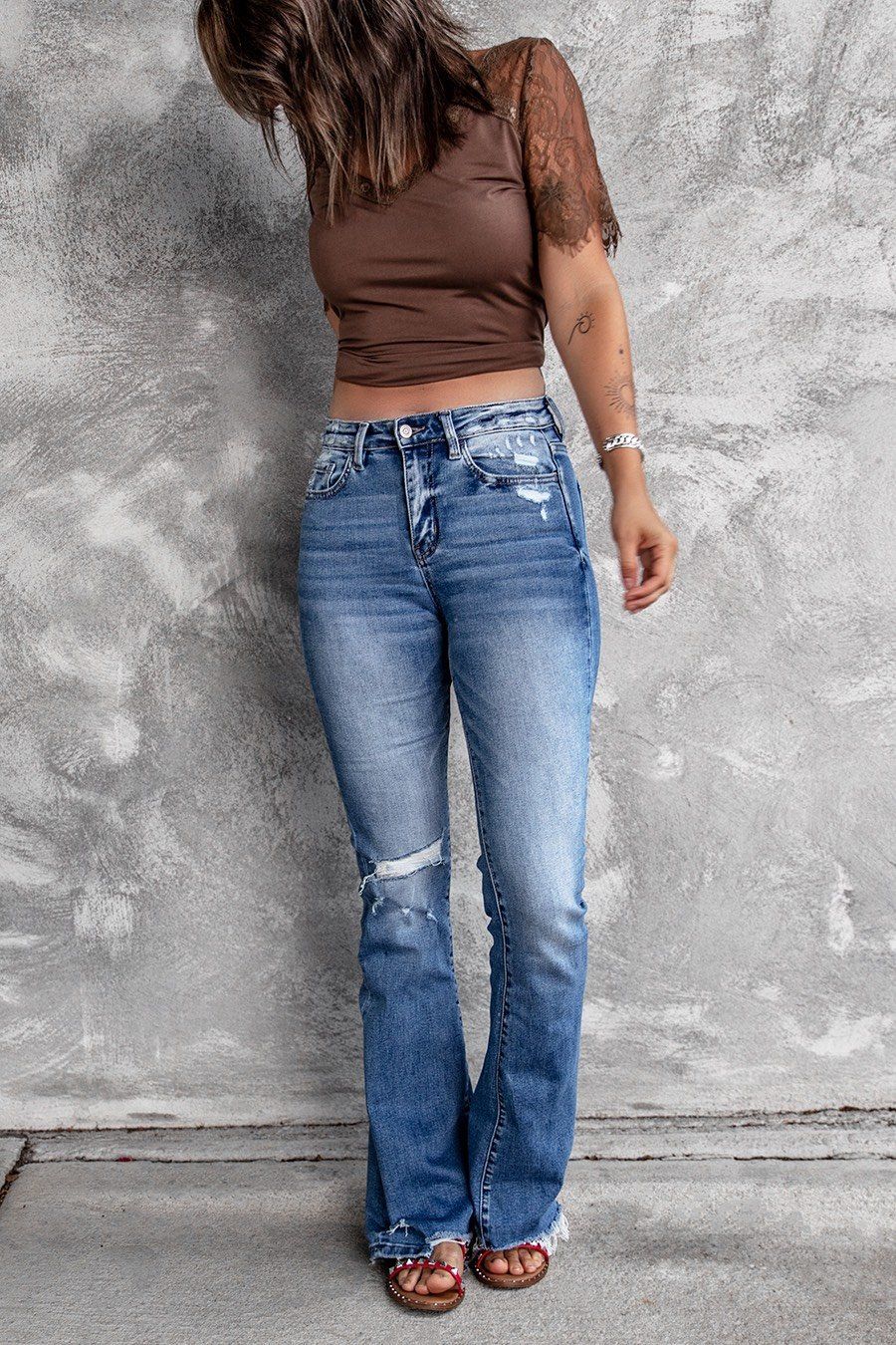 Women's Clothing Ripped High Waisted Retro Elastic Slim Fit Micro Bell Bottom Bootcut Jeans_ecoleips.com