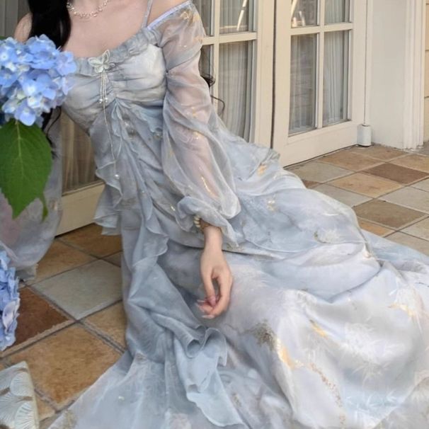 New European And American Super Fairy Gradient Misty Square Neck Floral Dress For Women With Butterfly Ruffle Hem_ecoleips.com