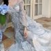 New European And American Super Fairy Gradient Misty Square Neck Floral Dress For Women With Butterfly Ruffle Hem_ecoleips.com