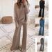 Women's Autumn Winter Solid Color Casual Batwing Sleeve Top With Drawstring High Waist Wide Leg Pants Knit Two-Piece Set_ecoleips.com