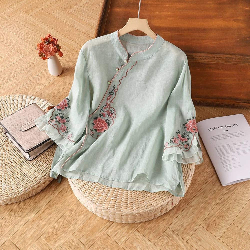 Summer Cotton-Linen Diagonal Embroidery With Frog Buttons National Style Ethnic Top, Women's Vintage Literary Tea Dress,_ecoleips.com