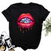 European American Women's Clothing Spring And Summer: Colorful Lip Print Short-sleeve T-shirts For Women_ecoleips.com