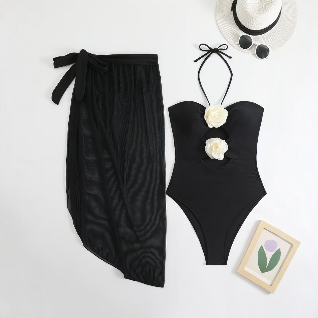 Handmade Floral Tulle One Piece Swimsuit Halter Neck Beach Dress for Women European American Style Bikini Alternative Summer Wear_ecoleips.com