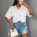 In-stock Cross-border Foreign Trade European Size Casual Pocket Solid Color Short-sleeve With Collar, Loose Fit, Cropped_ecoleips.com