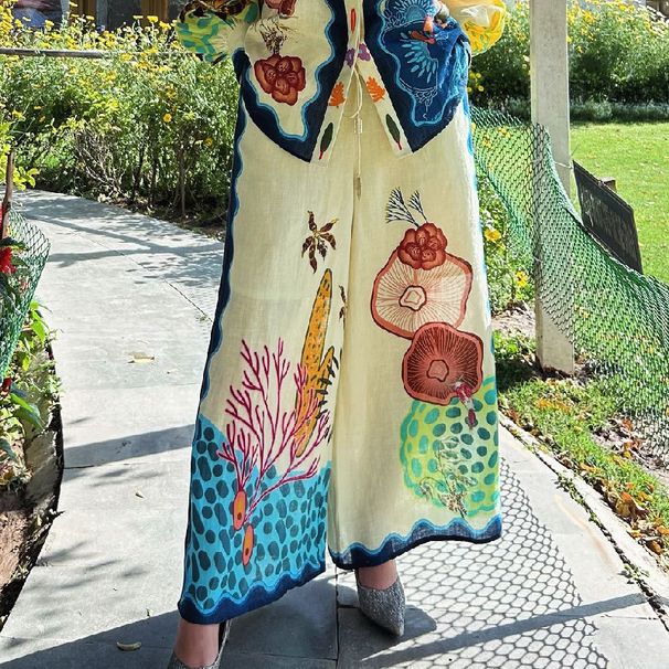 Women's Clothing fashion personality printed cotton and linen loose leisure vacation two-piece suit_ecoleips.com