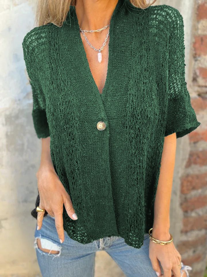Women's Mid Sleeve Knit Cardigan Single Button Hollow Out Top Spring Autumn_ecoleips.com