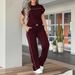 Women's Casual Solid Color Short Sleeve Top With High Waist Straight Leg Pants Set - Breathable Polyester Two-Piece Outfit For Spring Summer Fall_ecoleips.com