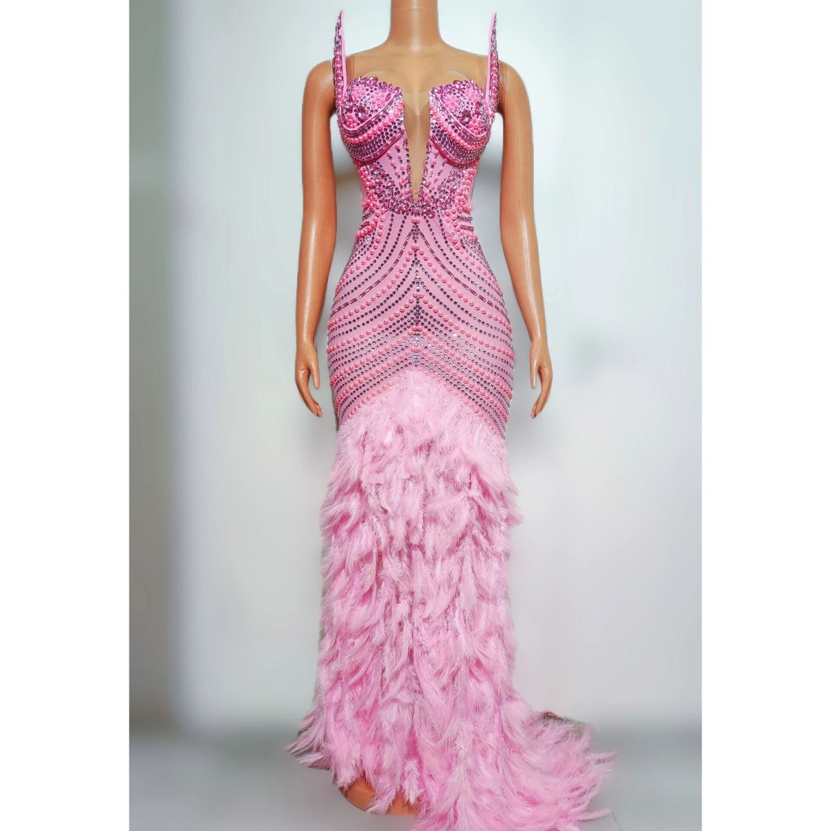 Women's Clothing Black Rhinestone Feather Dress Mesh Red Evening Dress Elegant Dress_ecoleips.com